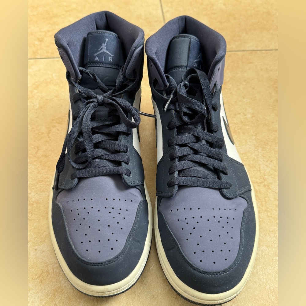 Like new-Air Jordan Mid 1 High-Top Sneakers- Obsidian, Sanded Purple and White.